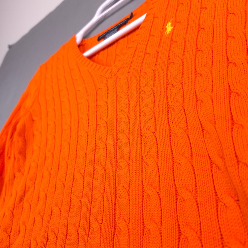 Ralph Lauren Sport Sweater V-Neck Cable Knit Orange Medium Cotton Preppy Classic - Picture 4 of 11